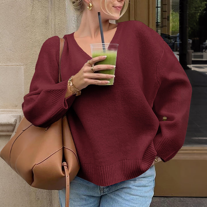 Damen nan oversized V-Ausschnitt Feinstrickpullover mit überschnittener Schulter, langen Kimonärmeln und breitem Rippbund Drune