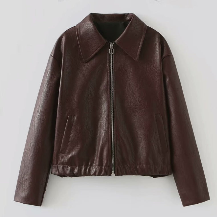 Damen 500+ leichte oversize Kunstleder‑Blousonjacke mit Hemdkragen, Reißverschluss und elastischem Saum Drune