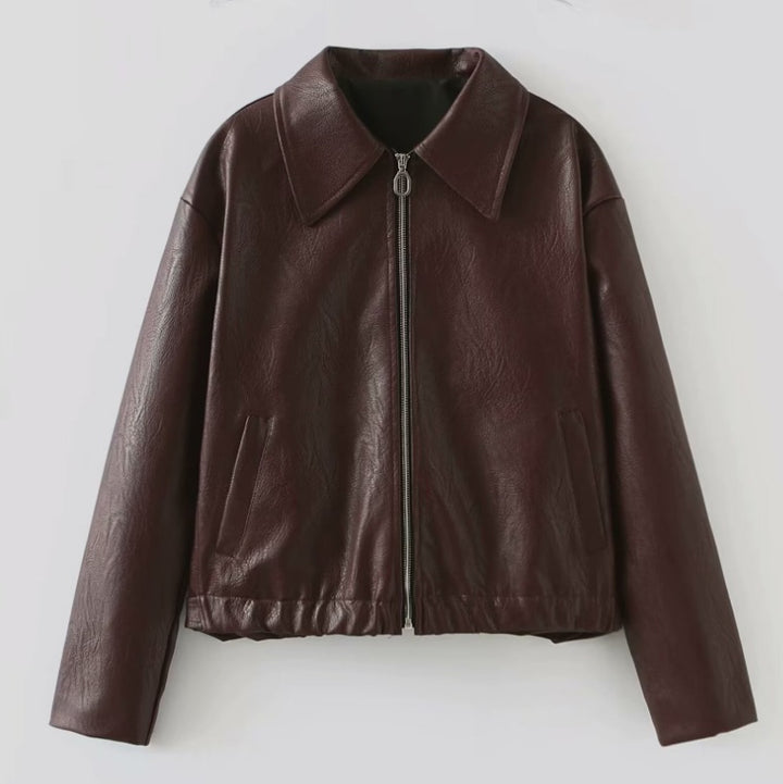 Damen 500+ leichte oversize Kunstleder‑Blousonjacke mit Hemdkragen, Reißverschluss und elastischem Saum Drune