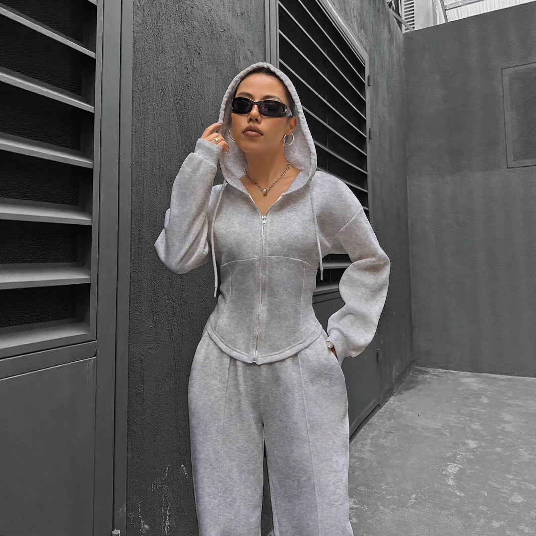 Damen Zip-Hoodie und weite Sweatpants Set mit taillierter Nahtführung Drune