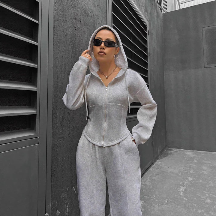 Damen Zip-Hoodie und weite Sweatpants Set mit taillierter Nahtführung Drune