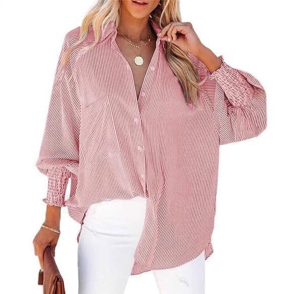 Damen legere Hemdbluse mit modischen Rüschenärmeln und Streifenmuster Drune