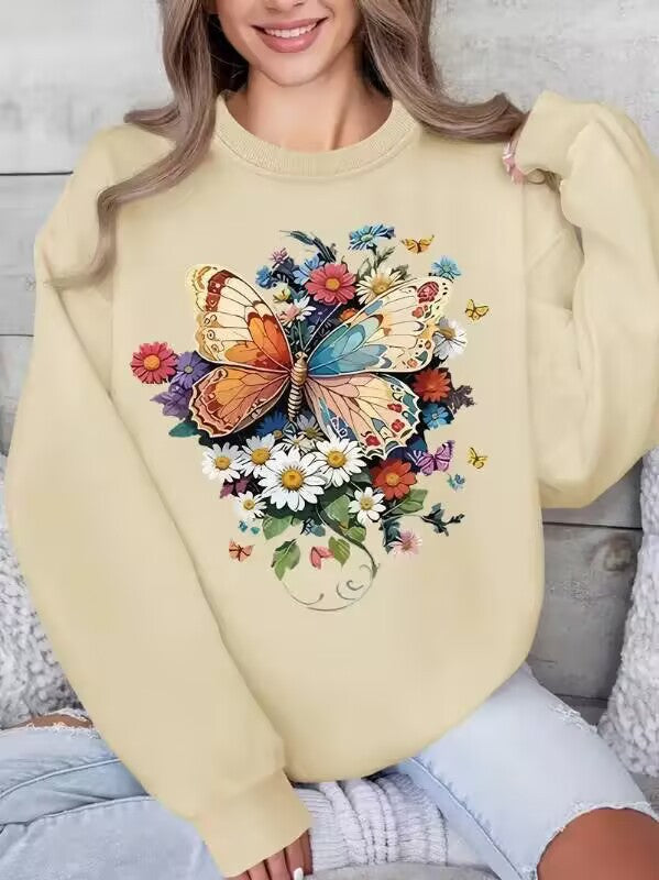 Damen Langarm Sweatshirt mit floralem Schmetterlingsdruck Drune