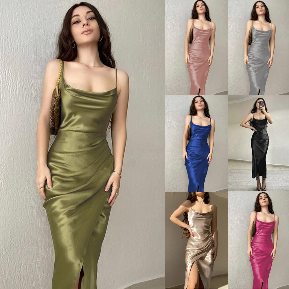 Damen elegantes, figurbetontes Satin-Midikleid mit asymmetrischem Ausschnitt und Schlitz Drune