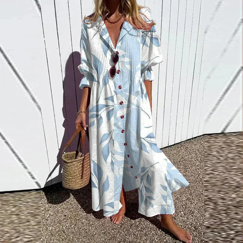 Frauen Fließendes Maxikleid mit Durchgehendem Knopfverschluss V-Ausschnitt und Volksdruck Drune