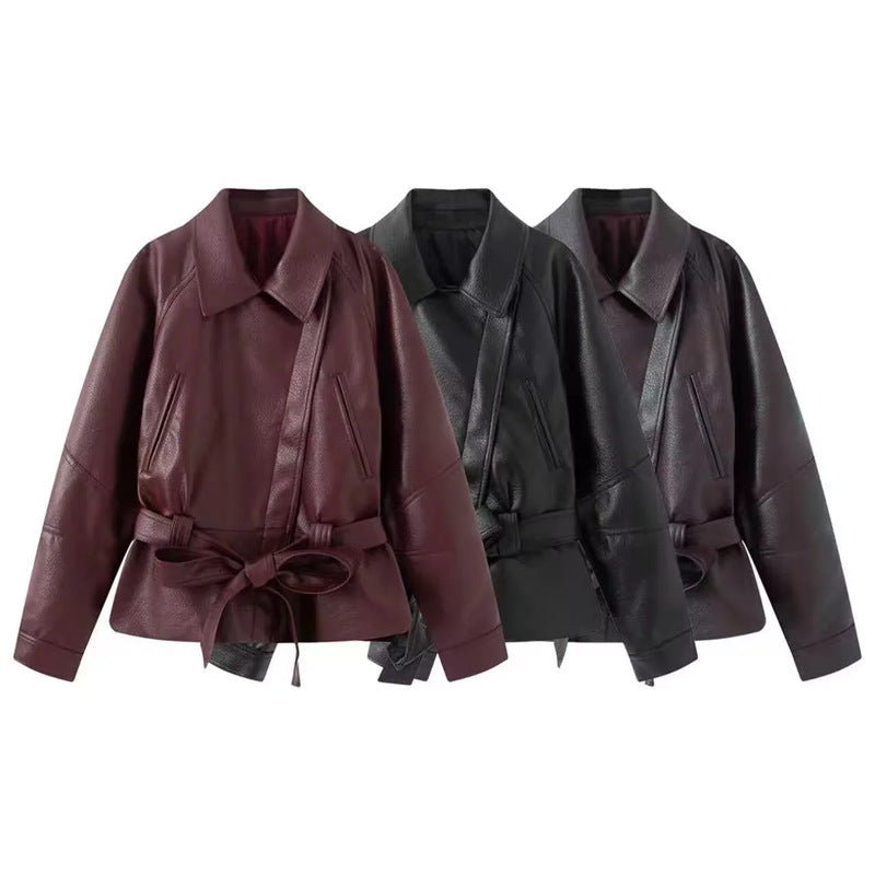 Damen nan taillierte Kunstlederjacke mit Hemdkragen und Bindegürtel Drune
