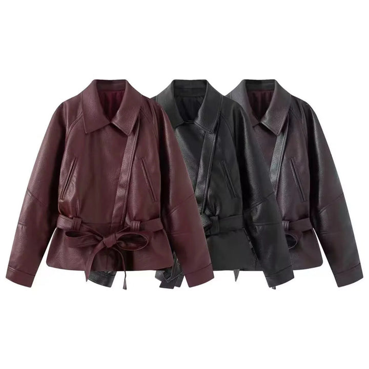 Damen nan taillierte Kunstlederjacke mit Hemdkragen und Bindegürtel Drune