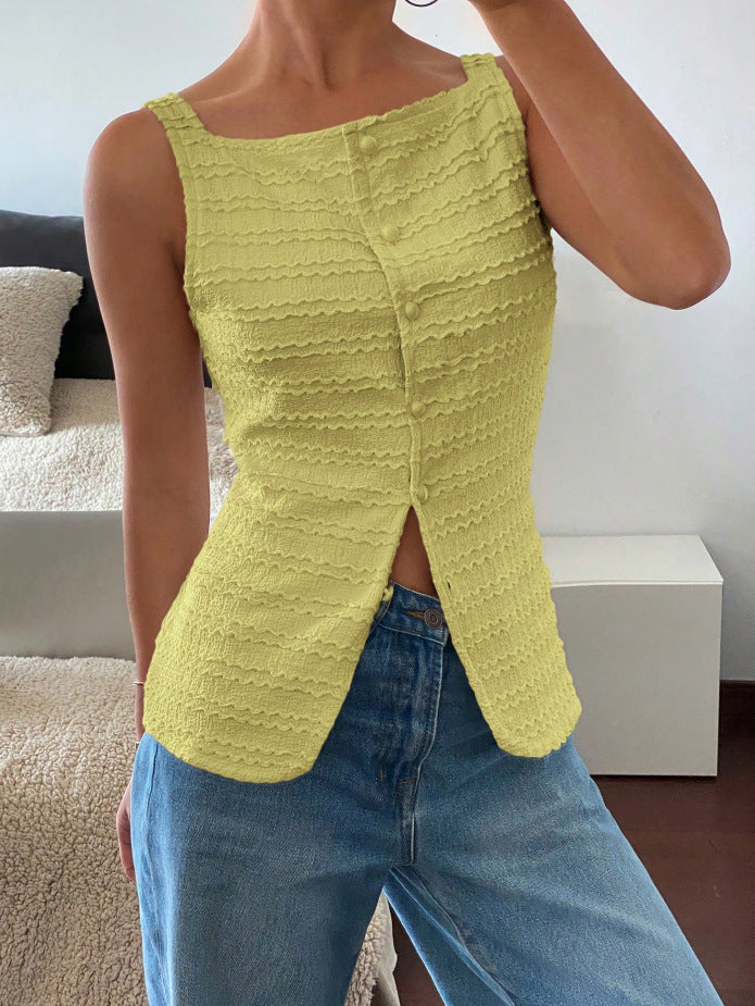 Damen Ärmelloses Struktur-Top mit Zierknopfleiste und Vorder‑Schlitz Drune