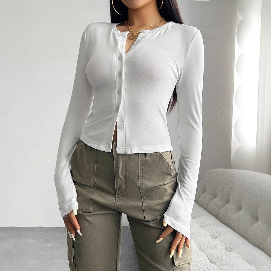 Damen figurbetontes Langarm-Top mit Knopfdetails Drune