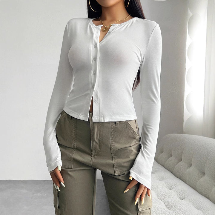 Damen figurbetontes Langarm-Top mit Knopfdetails Drune