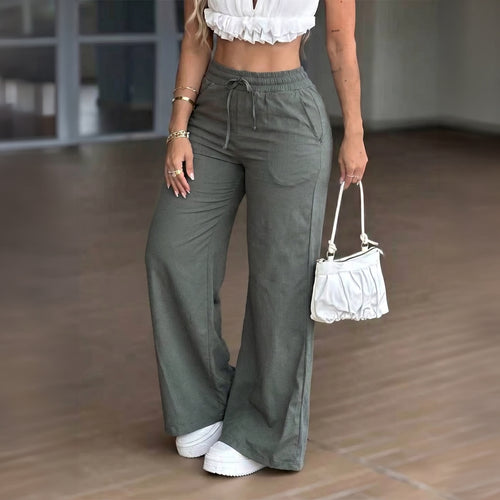 Damen nan weite High‑Waist Leinenhose mit elastischem Tunnelzugbund und Seitentaschen Drune