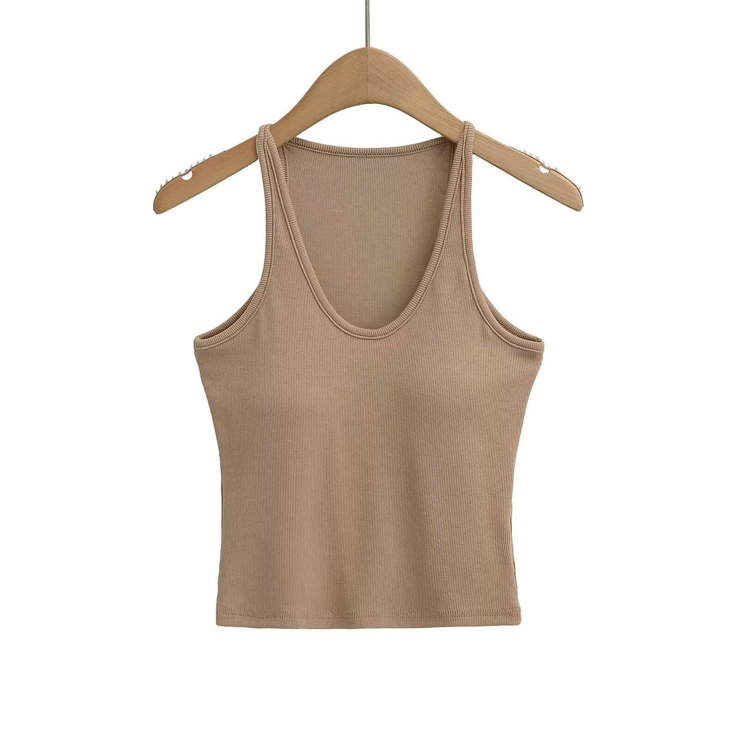 Damen ärmelloses Sporttop mit tiefem U-Ausschnitt und elastischem Material Drune