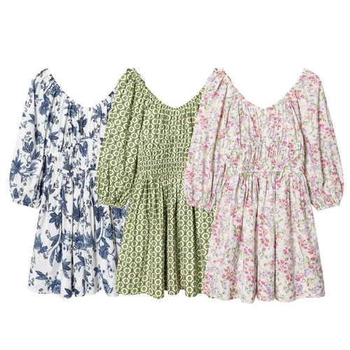 Damen Blumenkleid mit Smok-Taillierung und voluminösen Puffärmeln Drune