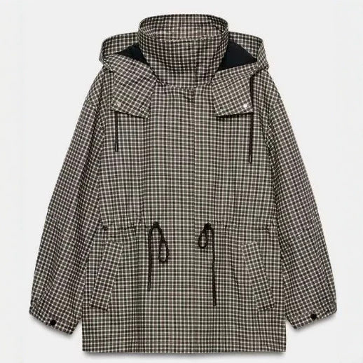 Damen karierter Anorak mit Kapuze und Tunnelzug Drune
