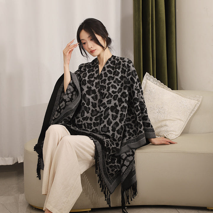 Damen Eleganter Jacquard-Überwurf mit Leopardenjacquard und Fransen Drune