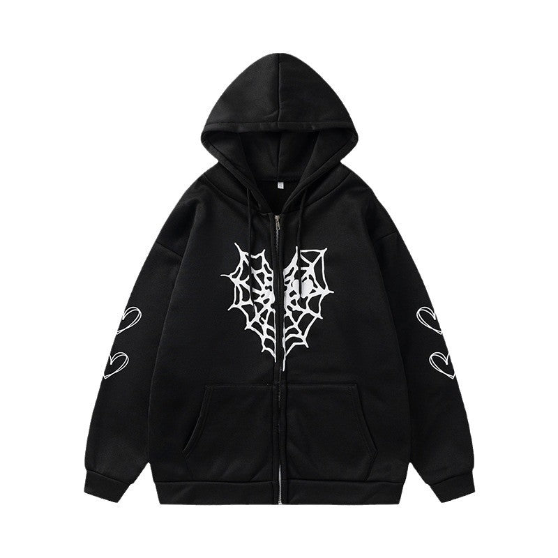 Damen Kapuzenjacke mit auffälligem Spinnenmotiv und praktischen Taschen Drune