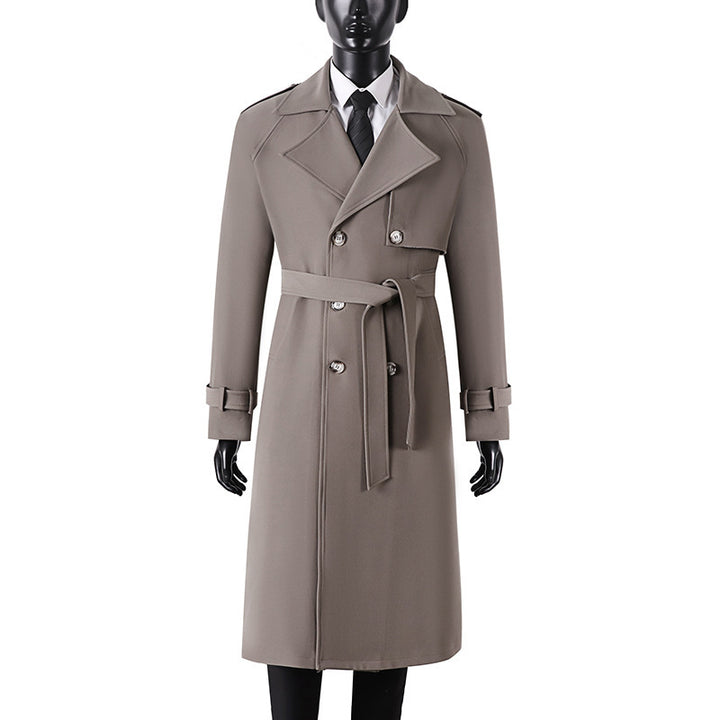Herren Langer Minimalistischer Trenchcoat mit Sturmklappe Taillengürtel und verstellbaren Manschetten Drune