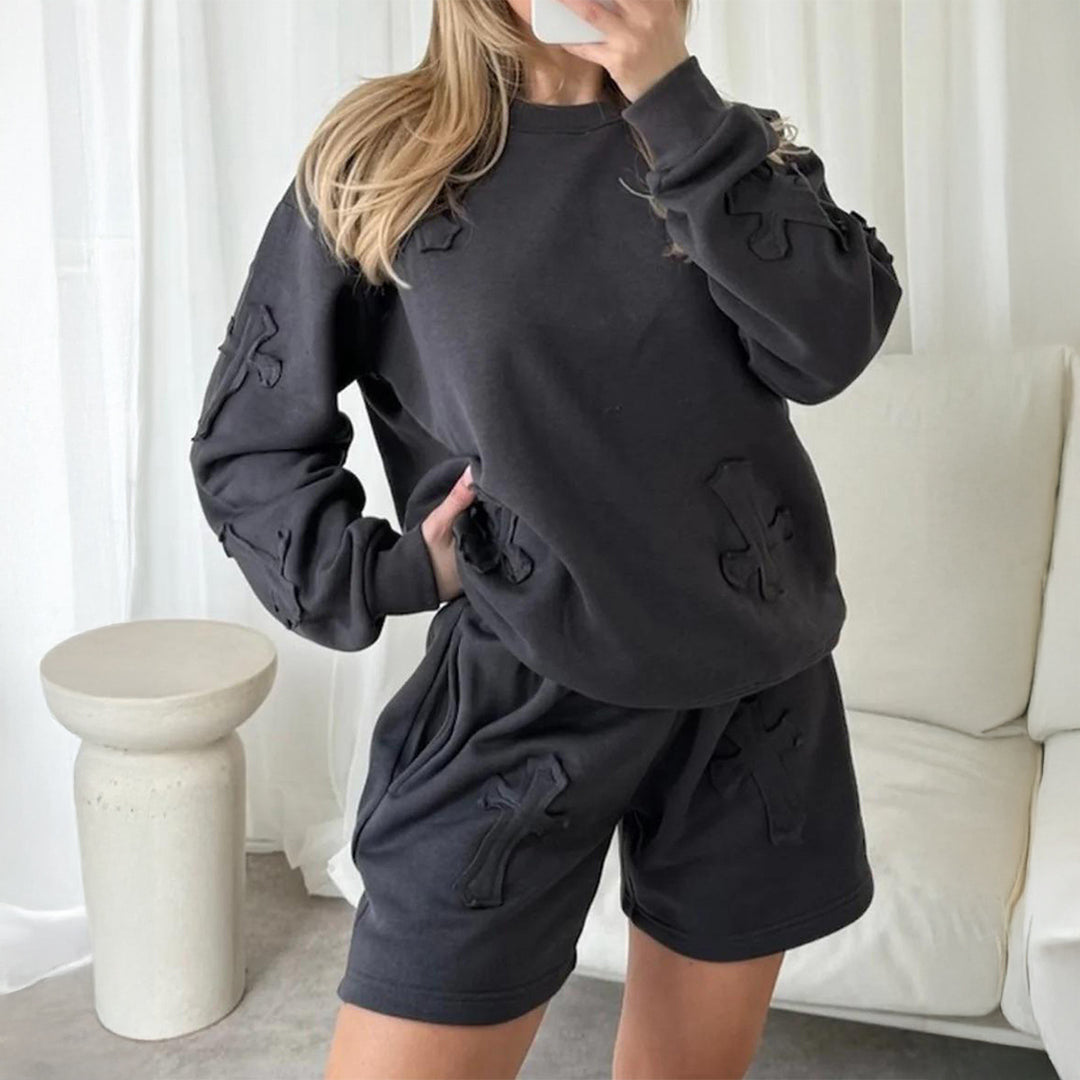 Damen nan lässiges Sweatshirt- und Short-Set mit dekorativen Schleifen-Applikationen, hohem Rundhalsausschnitt und Tunnelzugbund Drune