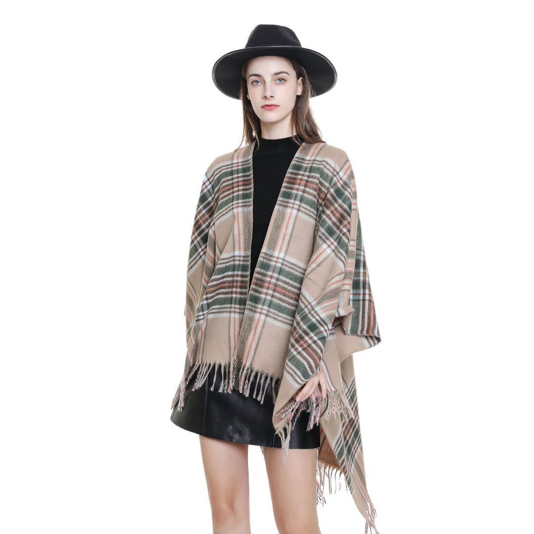 Damen Oversize-Wickelruana im Blockkaro mit Fransen-Detail Drune