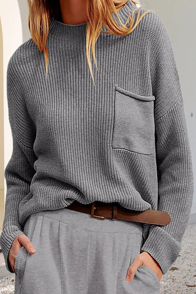 Drune Entspanntes Langarm-Taschen-Strick-Sweatshirt