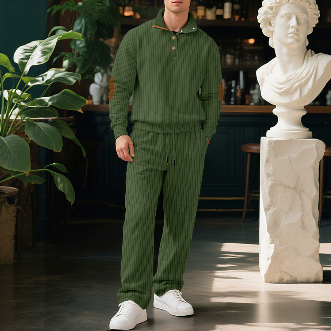 Herren nan feiner Rippstrickpullover mit halber Knopfleiste hohem Stehkragen und kontrastierendem Suedine-Ellbogenbesatz Drune