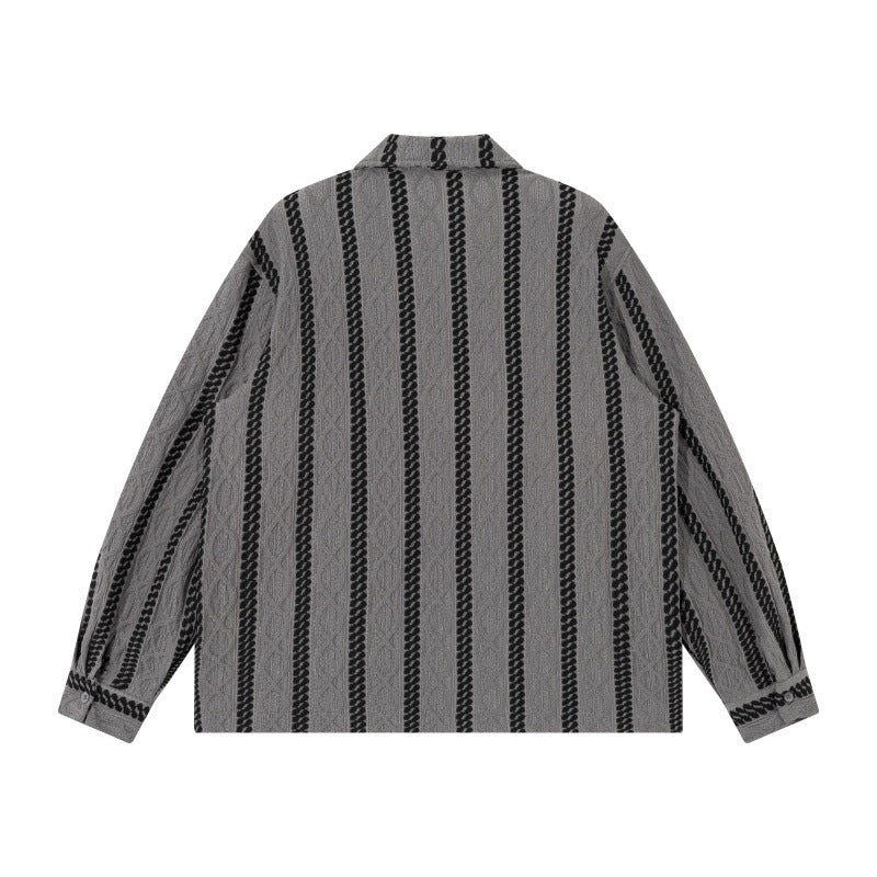 Unisex Leichte Hemdjacke mit Camp-Kragen, Relaxed‑Fit und vertikalem Zopfstreifenmuster Drune