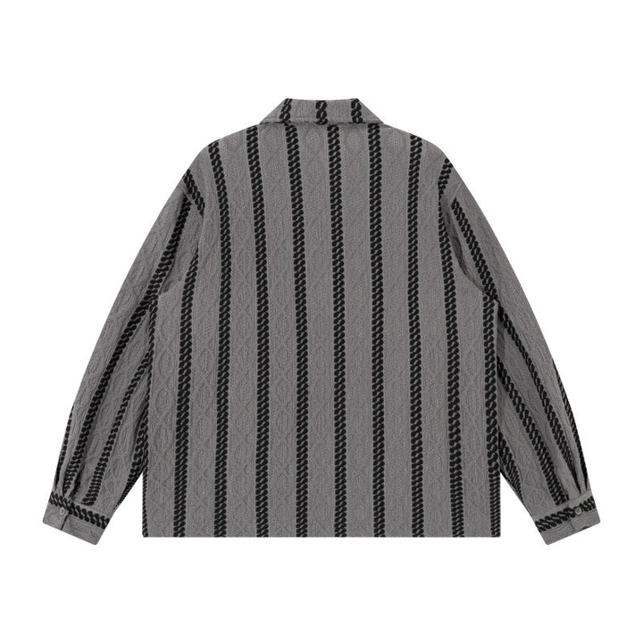 Unisex Leichte Hemdjacke mit Camp-Kragen, Relaxed‑Fit und vertikalem Zopfstreifenmuster Drune
