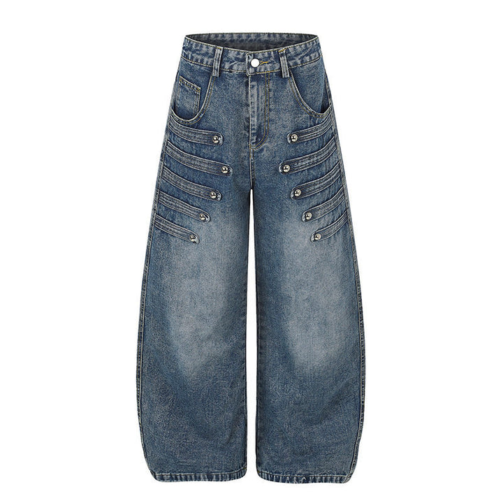 Damen Weite Denim-Palazzo-Jeans mit dekorischen Riegelnähten und Zierknopf-Details Drune