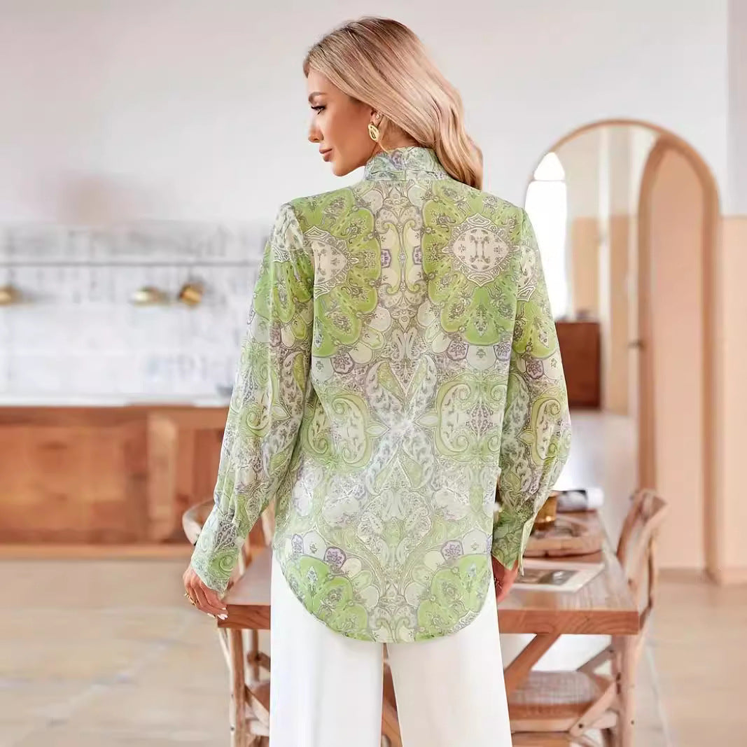 Damen Bluse mit Schleifenkragen und floralem Muster Drune