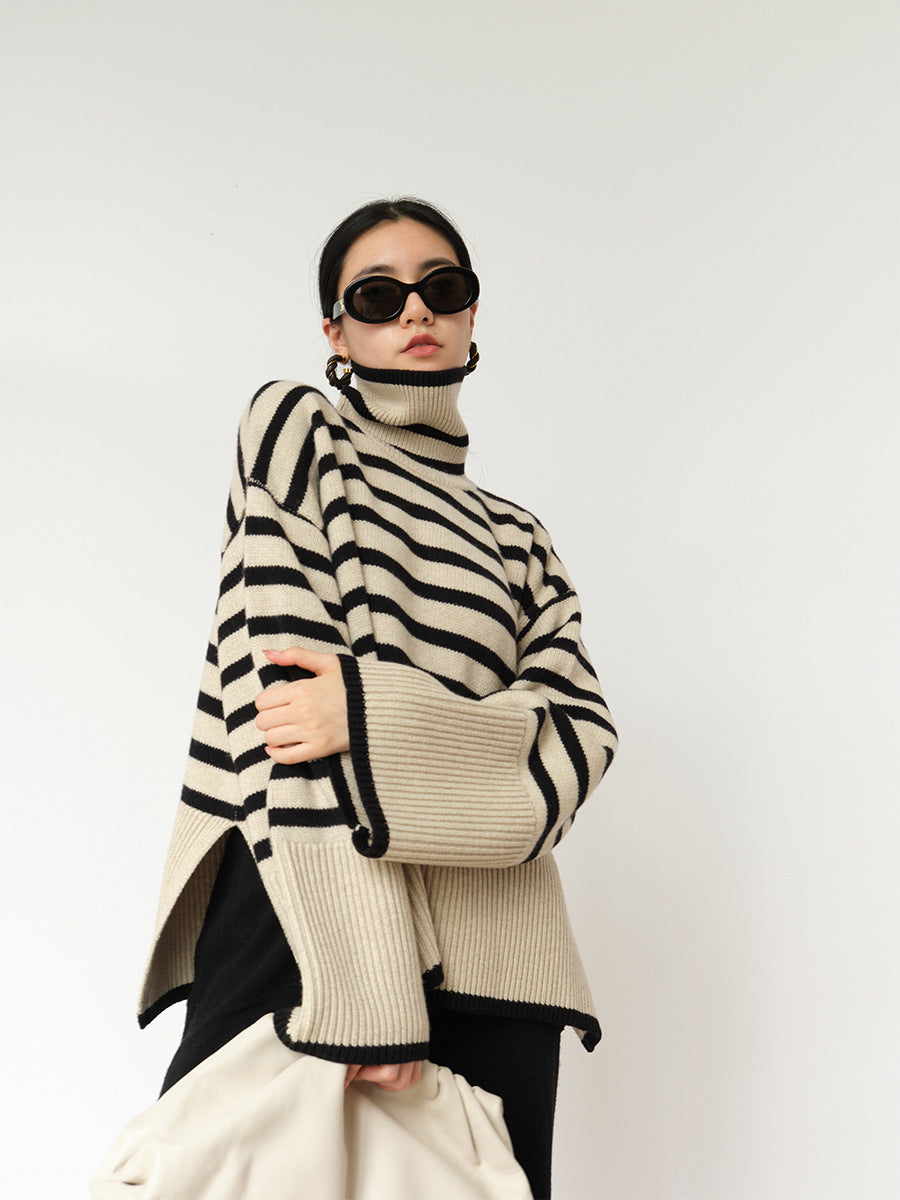 Damen Grob gestrickter Rollkragenpullover mit maritimem Streifenmuster und lässigem Schnitt Drune