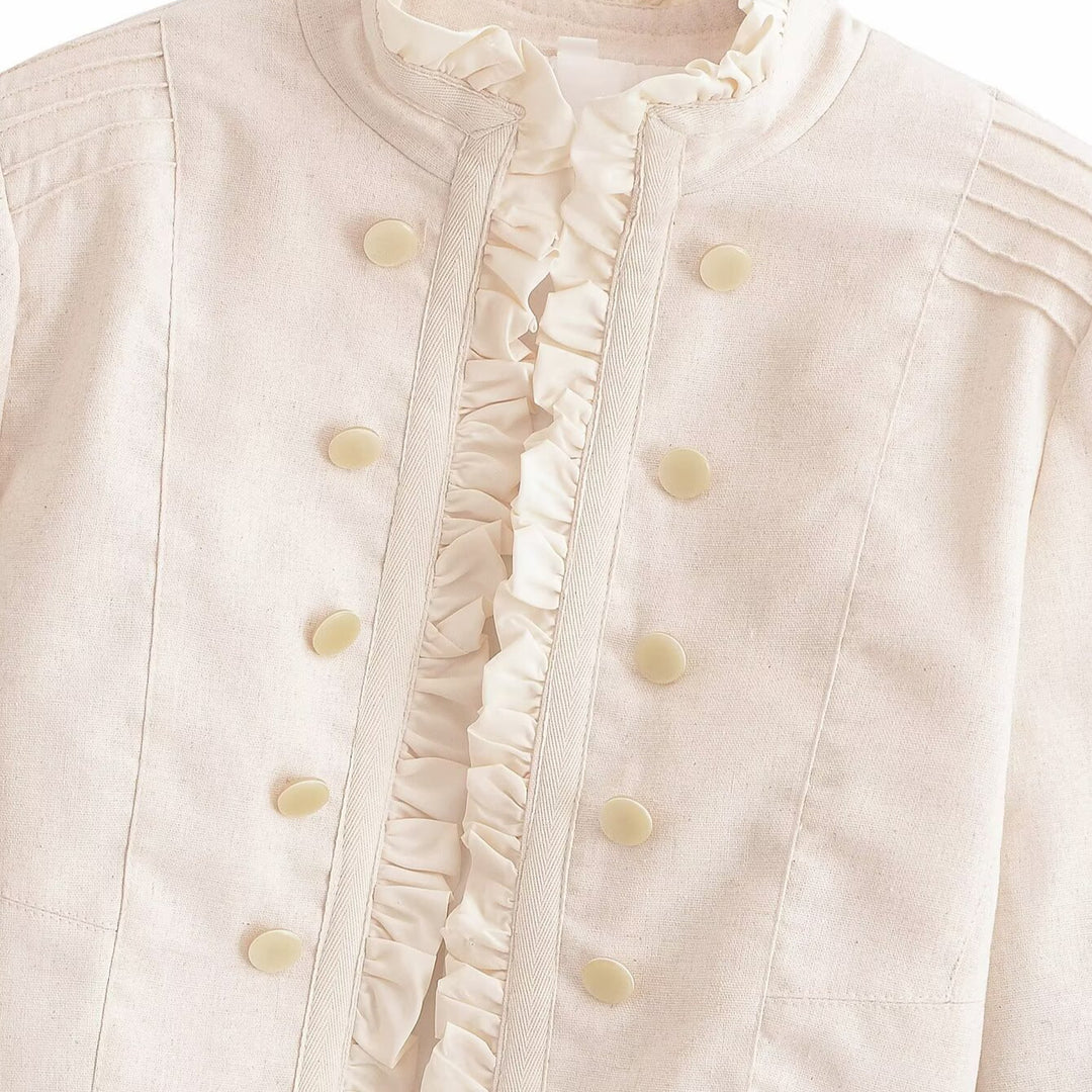 Damen Cropped Jacke mit Rüschenfront, Stehkragen und Zierknopfleiste Drune