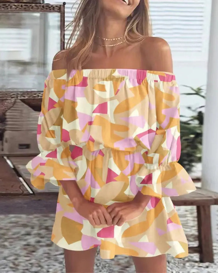 Damen Schulterfreies Minikleid mit elastischer Taillenpassform und Volantärmeln Drune