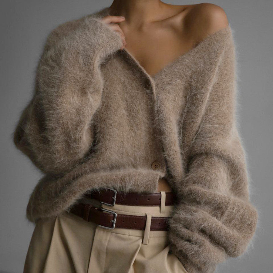 Damen Flauschiger Oversize-Knopfcardigan mit tiefem V-Ausschnitt und Eingrifftaschen Drune