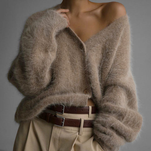 Damen Flauschiger Oversize-Knopfcardigan mit tiefem V-Ausschnitt und Eingrifftaschen Drune