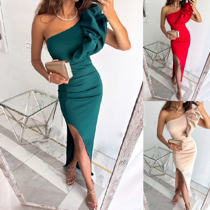 Damen Elegantes One-Shoulder Abendkleid mit Rüschen und hohem Schlitz Drune