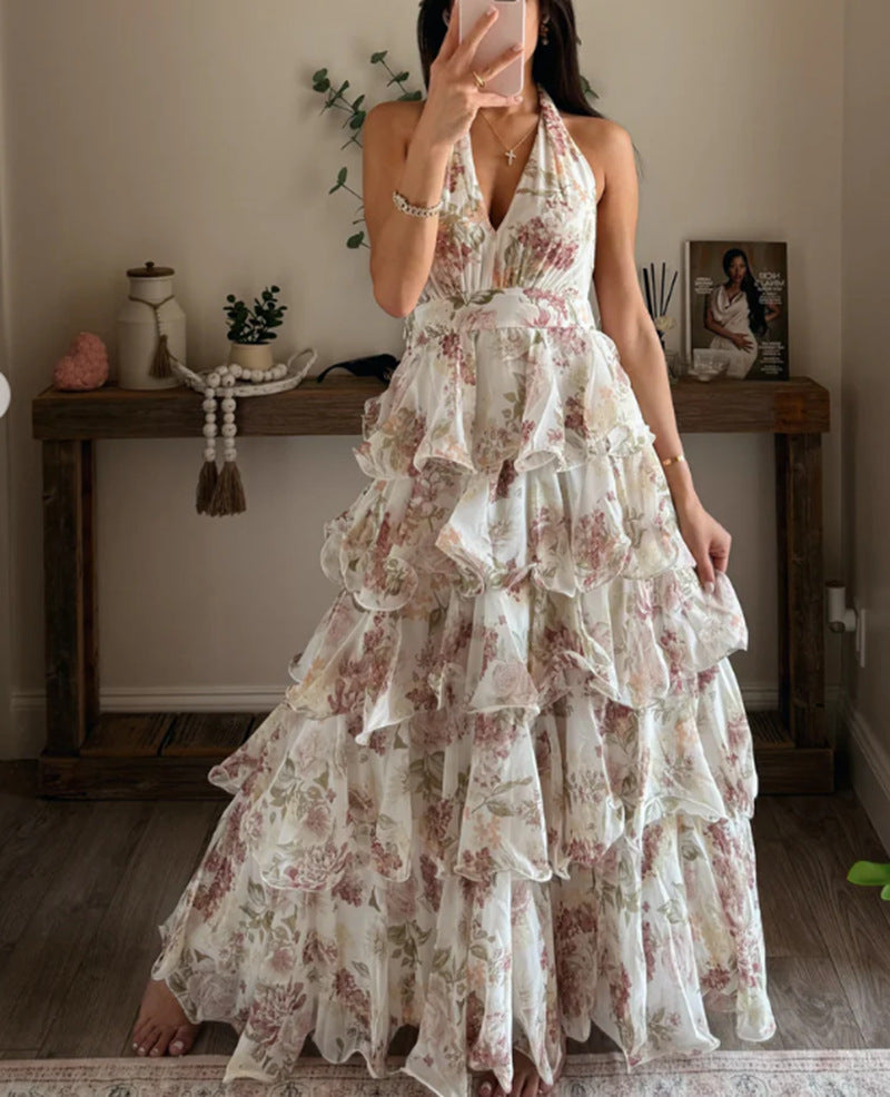 Damen Maxikleid mit romantischen Volants und floralem Druck Drune