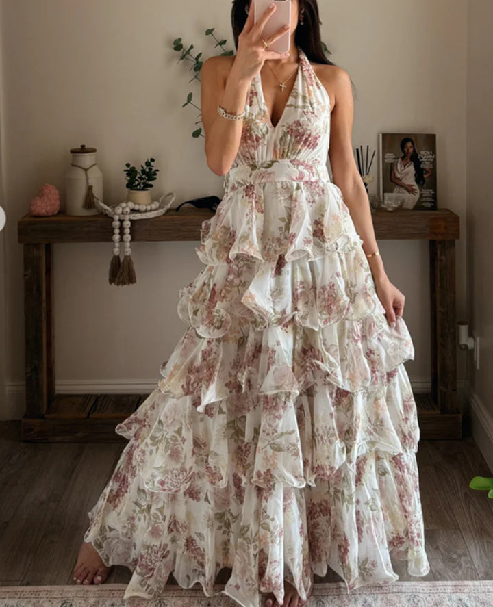 Damen Maxikleid mit romantischen Volants und floralem Druck Drune