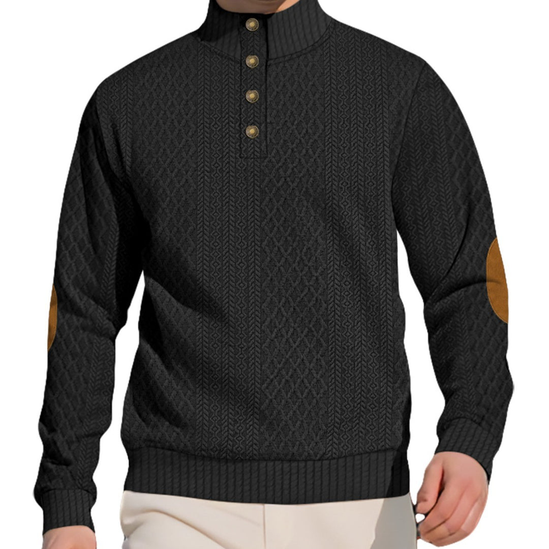 Herren nan edler Knopfsweater im Zopfmuster mit hohem Stehkragen und Wildleder-Ellenbogenpatches Drune