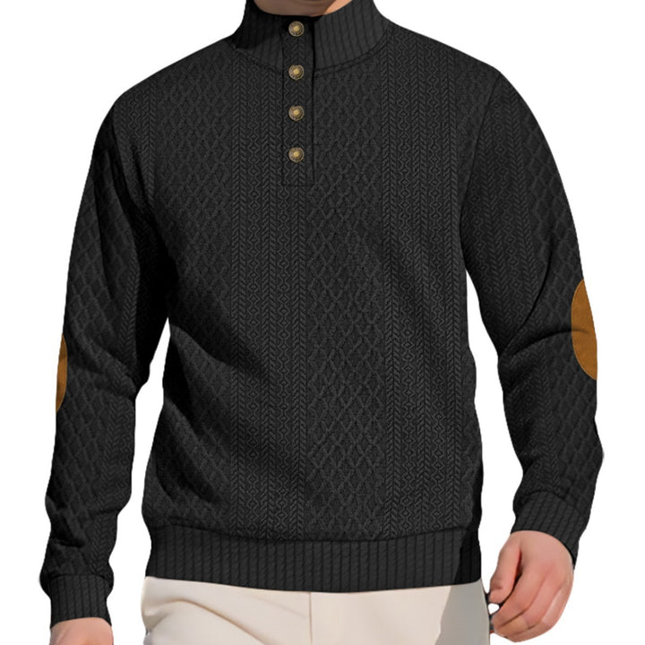 Herren nan edler Knopfsweater im Zopfmuster mit hohem Stehkragen und Wildleder-Ellenbogenpatches Drune