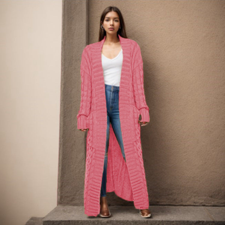 Damen Langer Strickcardigan mit strukturiertem Zopfmuster und praktischen Taschen Drune