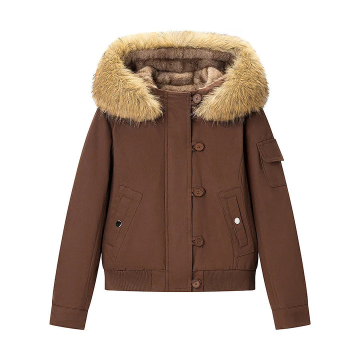 Damen nan kurze Bomberjacke mit Kunstfellkapuze und Teddyfutter Drune