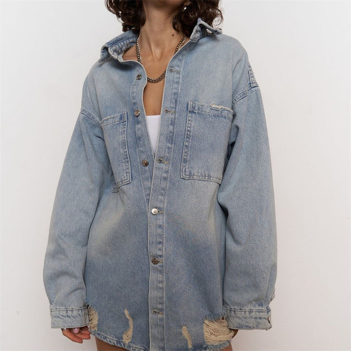 Damen Modische Jeanshemdjacke mit distressed Details Drune