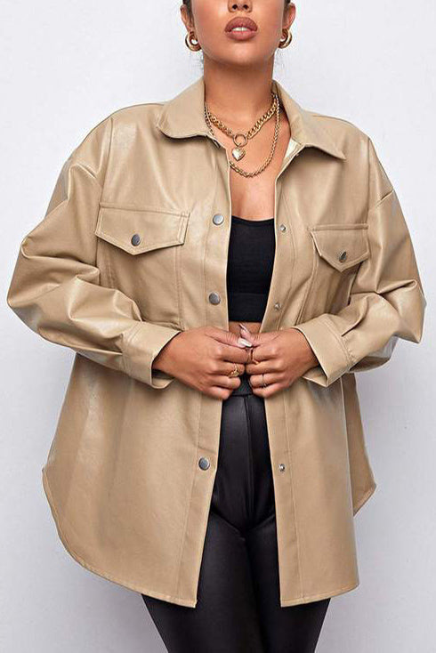 Drune | Plans Khaki Faux Leder Shacket