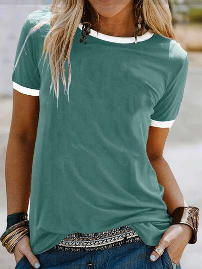 Damen lässiges T-Shirt mit kontrastierendem Rundhalsausschnitt und bequemer Passform Drune