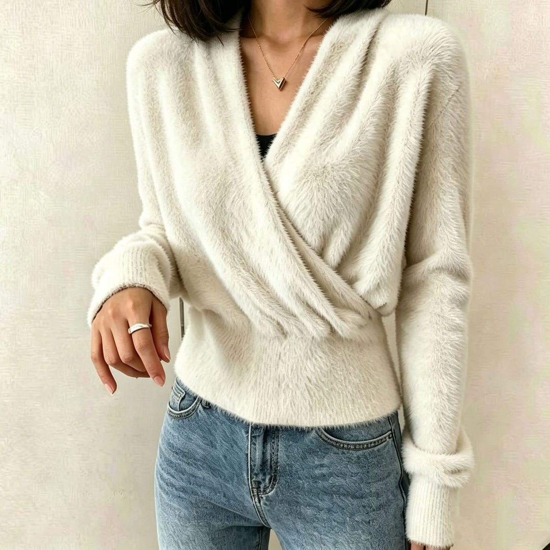 Damen Kuscheliger Wickel‑Pullover aus Faux‑Fur mit tiefem V‑Ausschnitt Drune