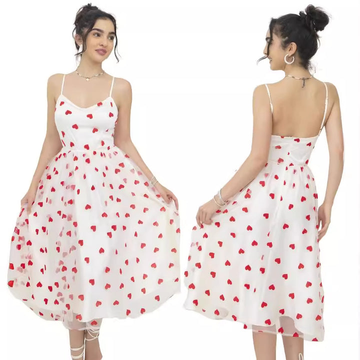 Damen romantisches A-Linien Kleid mit Herzmotiv und verstellbaren Trägern Drune