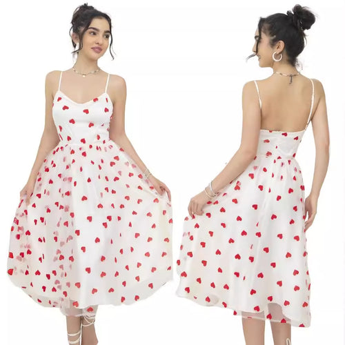 Damen romantisches A-Linien Kleid mit Herzmotiv und verstellbaren Trägern Drune