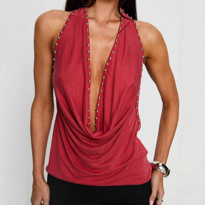 Damen Halter-Top mit tiefem V-Ausschnitt und pilzförmigen Verzierungen Drune