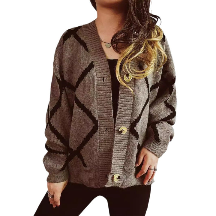 Damen Strickjacke mit modernem geometrischem Muster und hochwertigen Knopfdetails Drune
