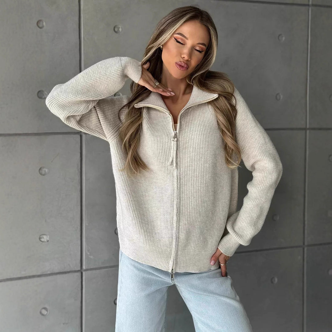 Damen modischer Grobstrickpullover mit hohem Kragen und durchgehendem Reißverschluss Drune